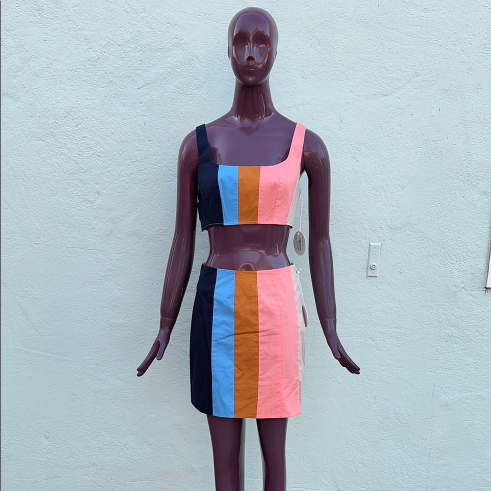 STAUD Blue and Pink A-line Mini Skirt Set with Cut Out for Cocktail